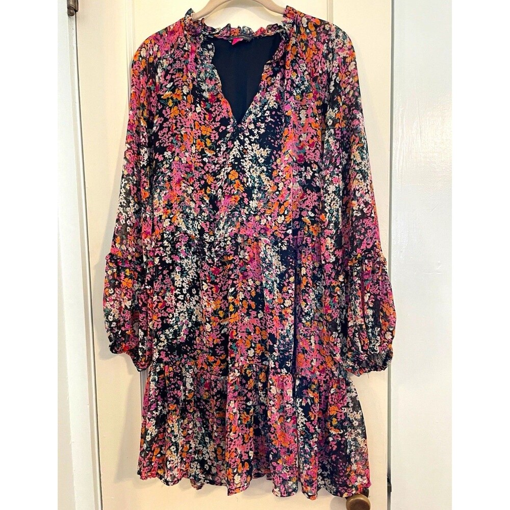 Vince Camuto Women’s M Multicolor Floral Chiffon A-Line V-Neck Puff Mini Dress